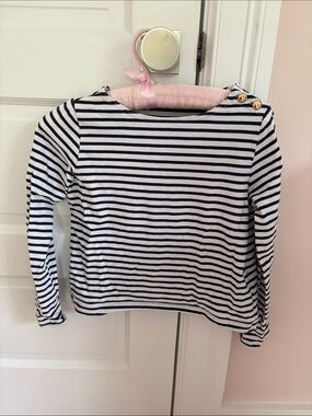 Crewcuts Navy & White Striped Long Sleeve Tee with Gold Shoulder Buttons